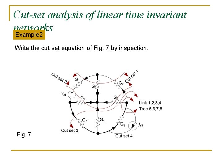 Cut-set analysis of linear time invariant networks Example 2 Write the cut set equation