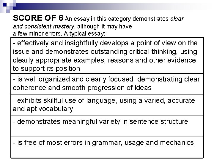 SCORE OF 6 An essay in this category demonstrates clear and consistent mastery, although