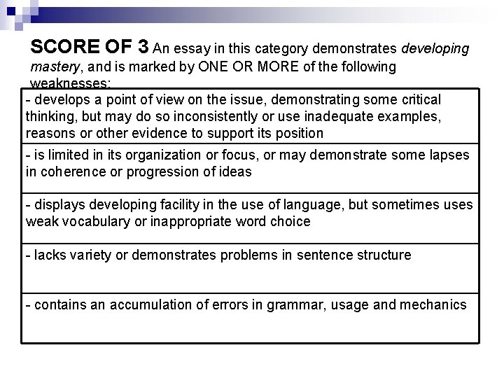 SCORE OF 3 An essay in this category demonstrates developing mastery, and is marked