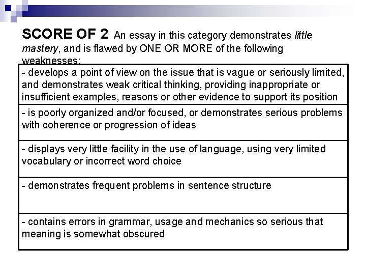 SCORE OF 2 An essay in this category demonstrates little mastery, and is flawed SCORE OF 2 An essay in this category demonstrates little mastery, and is flawed
