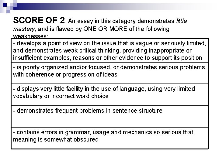 SCORE OF 2 An essay in this category demonstrates little mastery, and is flawed
