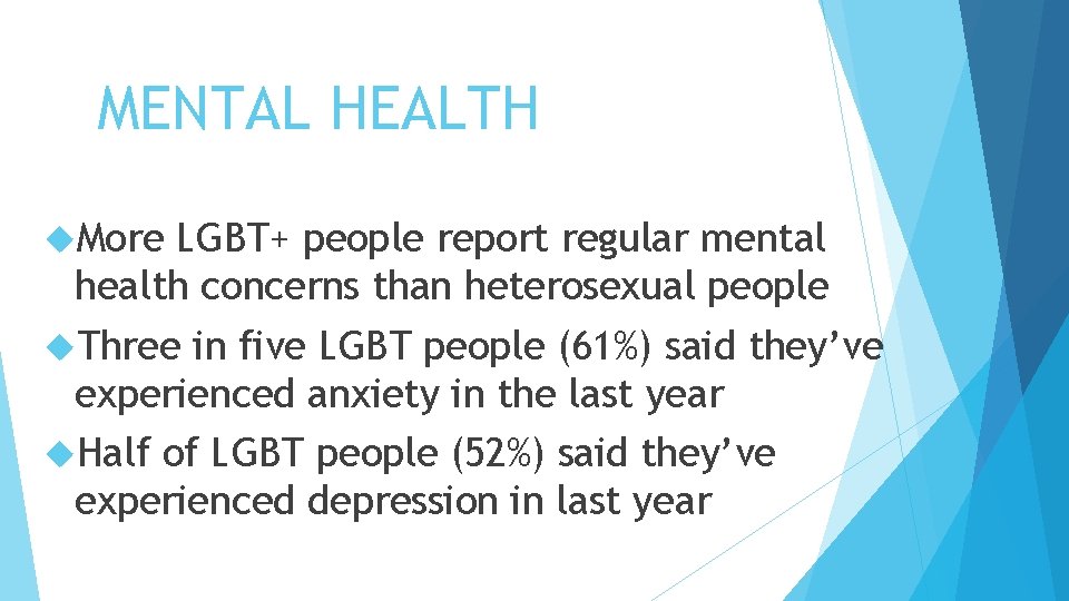 MENTAL HEALTH More LGBT+ people report regular mental health concerns than heterosexual people Three