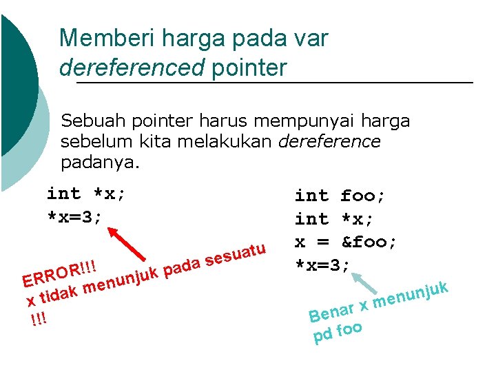 Memberi harga pada var dereferenced pointer Sebuah pointer harus mempunyai harga sebelum kita melakukan Memberi harga pada var dereferenced pointer Sebuah pointer harus mempunyai harga sebelum kita melakukan