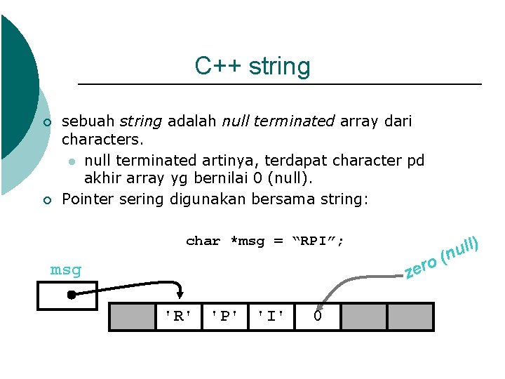 C++ string ¡ ¡ sebuah string adalah null terminated array dari characters. l null