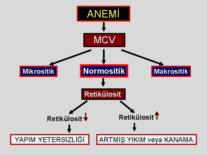 ANEMİ MCV Mikrositik Normositik Makrositik Retikülosit YAPIM YETERSİZLİĞİ Retikülosit ARTMIŞ YIKIM veya KANAMA ANEMİ MCV Mikrositik Normositik Makrositik Retikülosit YAPIM YETERSİZLİĞİ Retikülosit ARTMIŞ YIKIM veya KANAMA