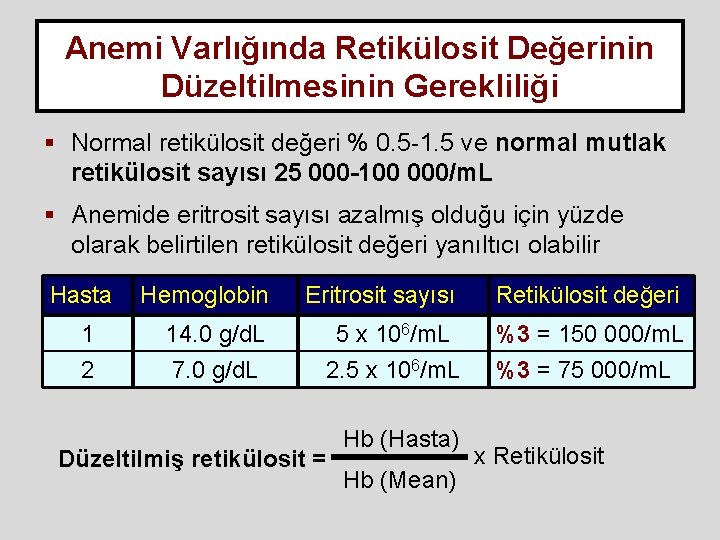 Anemi Varlığında Retikülosit Değerinin Düzeltilmesinin Gerekliliği § Normal retikülosit değeri % 0. 5 -1. Anemi Varlığında Retikülosit Değerinin Düzeltilmesinin Gerekliliği § Normal retikülosit değeri % 0. 5 -1.