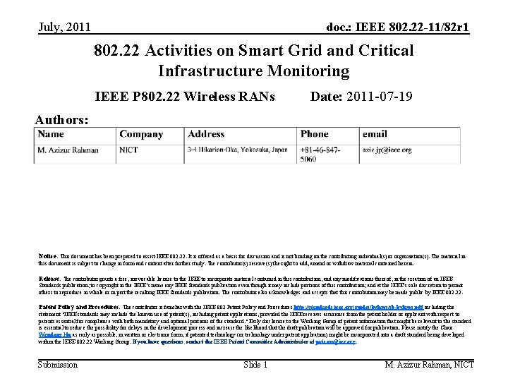 July, 2011 doc. : IEEE 802. 22 -11/82 r 1 802. 22 Activities on