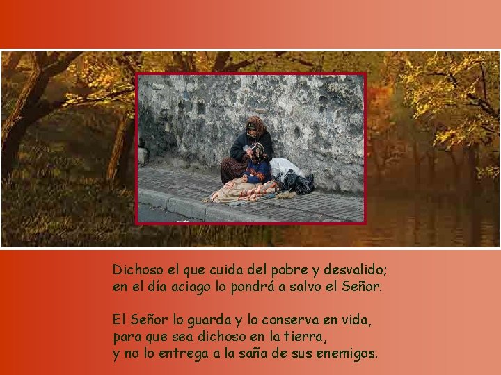 Dichoso el que cuida del pobre y desvalido; en el día aciago lo pondrá