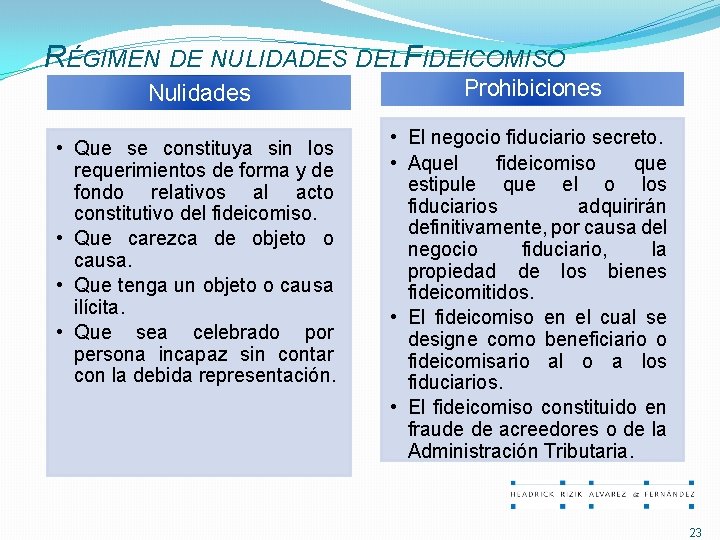 RÉGIMEN DE NULIDADES DEL FIDEICOMISO Nulidades • Que se constituya sin los requerimientos de