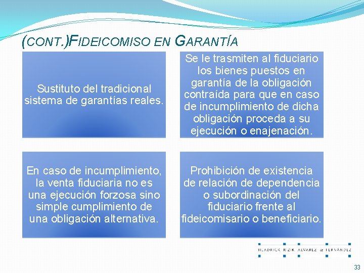 (CONT. )FIDEICOMISO EN GARANTÍA Sustituto del tradicional sistema de garantías reales. Se le trasmiten