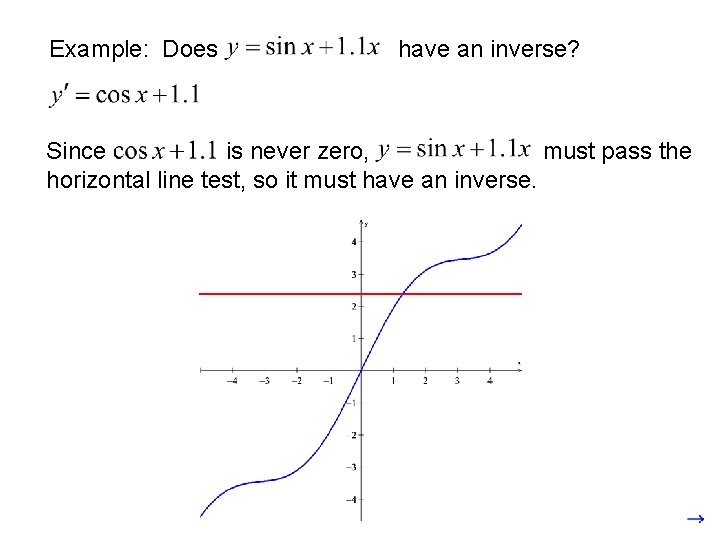 Example: Does have an inverse? Since is never zero, must pass the horizontal line