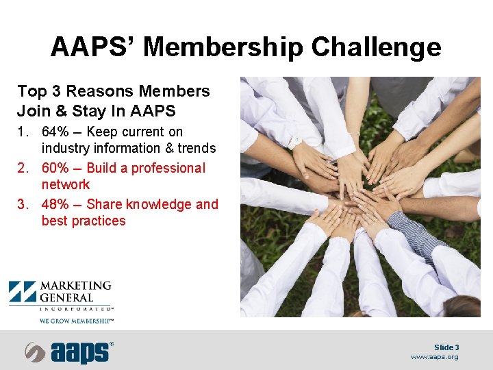 AAPS’ Membership Challenge Top 3 Reasons Members Join & Stay In AAPS 1. 64%