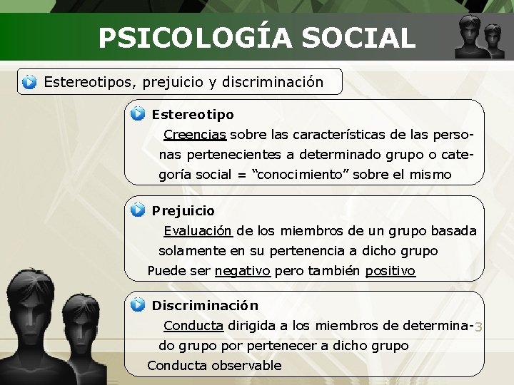 PSICOLOGÍA SOCIAL Estereotipos, prejuicio y discriminación Estereotipo Creencias sobre las características de las personas