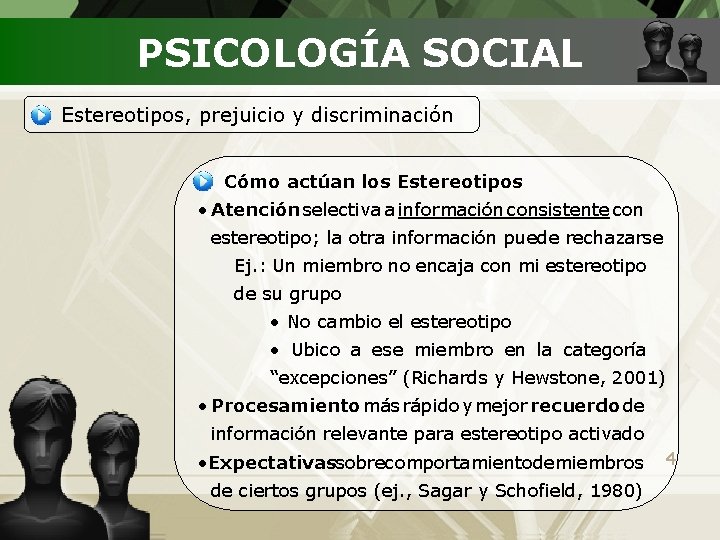PSICOLOGÍA SOCIAL Estereotipos, prejuicio y discriminación Cómo actúan los Estereotipos • Atención selectiva a PSICOLOGÍA SOCIAL Estereotipos, prejuicio y discriminación Cómo actúan los Estereotipos • Atención selectiva a