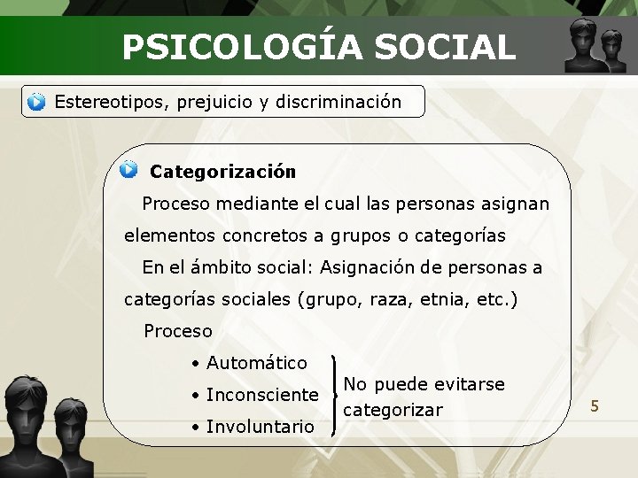 PSICOLOGÍA SOCIAL Estereotipos, prejuicio y discriminación Categorización Proceso mediante el cual las personas asignan