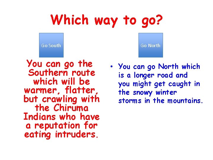 Which way to go? Go South You can go the Southern route which will