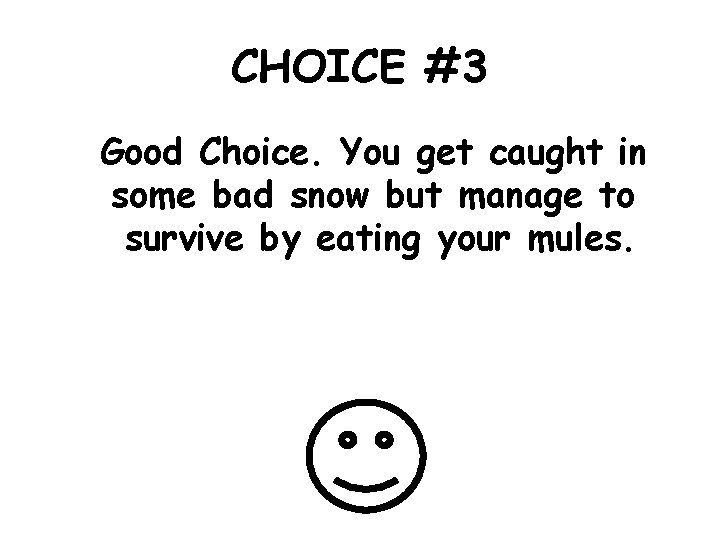 CHOICE #3 Good Choice. You get caught in some bad snow but manage to