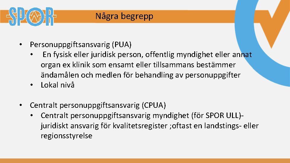 Några begrepp • Personuppgiftsansvarig (PUA) • En fysisk eller juridisk person, offentlig myndighet eller