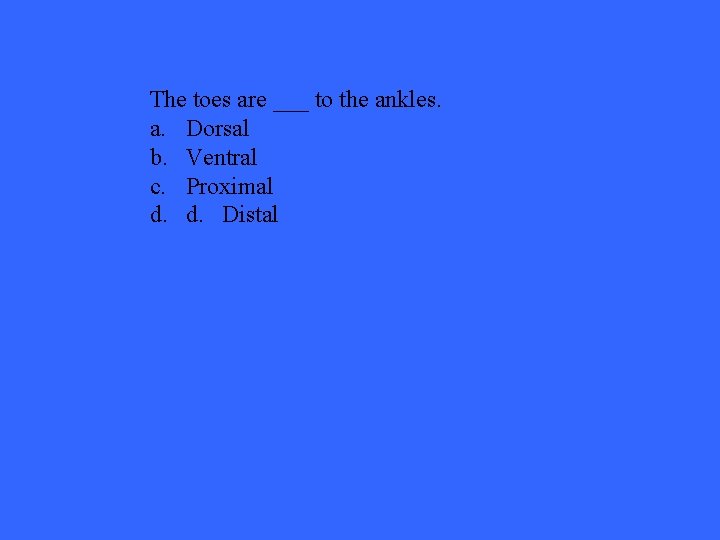 The toes are ___ to the ankles. a. Dorsal b. Ventral c. Proximal d.