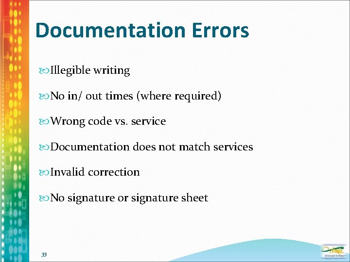 Documentation Errors Illegible writing No in/ out times (where required) Wrong code vs. service