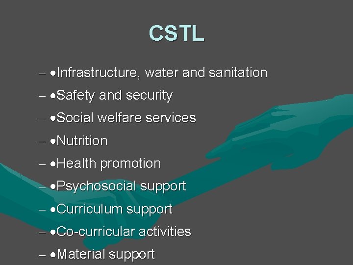 CSTL – ·Infrastructure, water and sanitation – ·Safety and security – ·Social welfare services CSTL – ·Infrastructure, water and sanitation – ·Safety and security – ·Social welfare services
