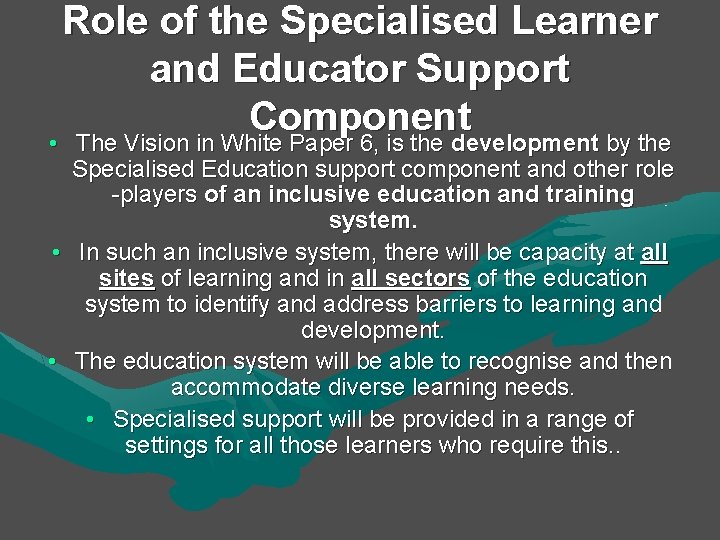 Role of the Specialised Learner and Educator Support Component • The Vision in White Role of the Specialised Learner and Educator Support Component • The Vision in White