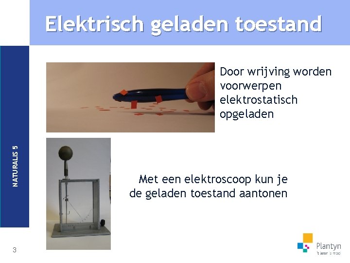Elektrisch geladen toestand NATURALIS 5 Door wrijving worden voorwerpen elektrostatisch opgeladen 3 Met een