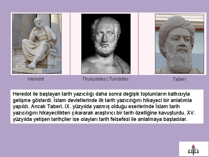 Heredot Thukydides (Tukidides Taberi Heredot ile başlayan tarih yazıcılığı daha sonra değişik toplumların katkısıyla