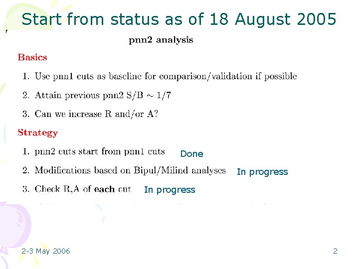 Start from status as of 18 August 2005 Done In progress 2 -3 May