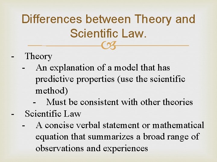 Differences between Theory and Scientific Law. - Theory - An explanation of a model