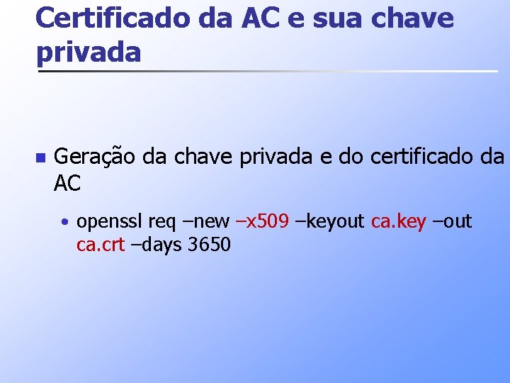 Certificado da AC e sua chave privada n Geração da chave privada e do