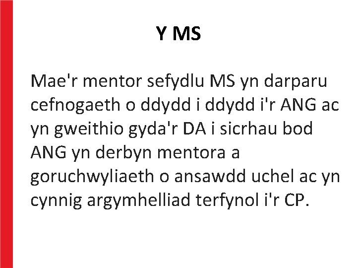 Y MS Mae'r mentor sefydlu MS yn darparu cefnogaeth o ddydd i'r ANG ac