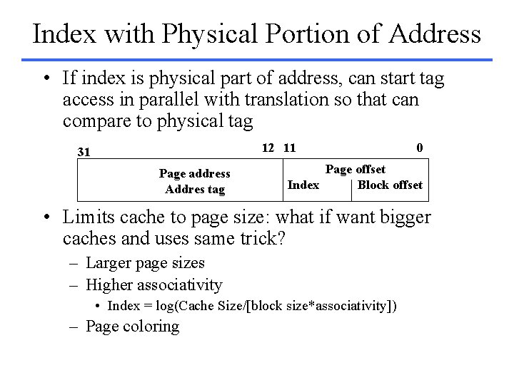 Index with Physical Portion of Address • If index is physical part of address,