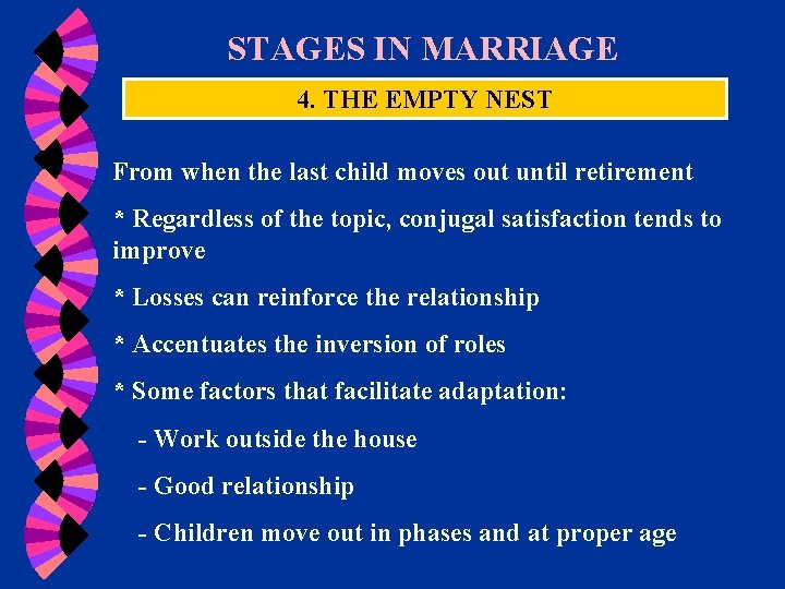 STAGES IN MARRIAGE 4. THE EMPTY NEST From when the last child moves out