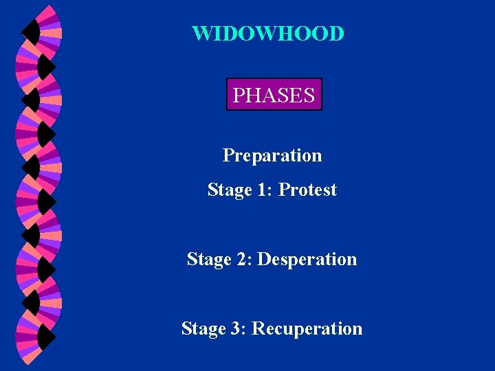 WIDOWHOOD PHASES Preparation Stage 1: Protest Stage 2: Desperation Stage 3: Recuperation 