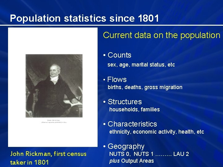 Population statistics since 1801 Current data on the population • Counts sex, age, marital