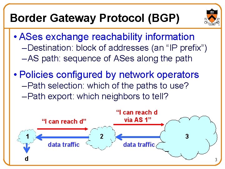 Border Gateway Protocol (BGP) • ASes exchange reachability information – Destination: block of addresses