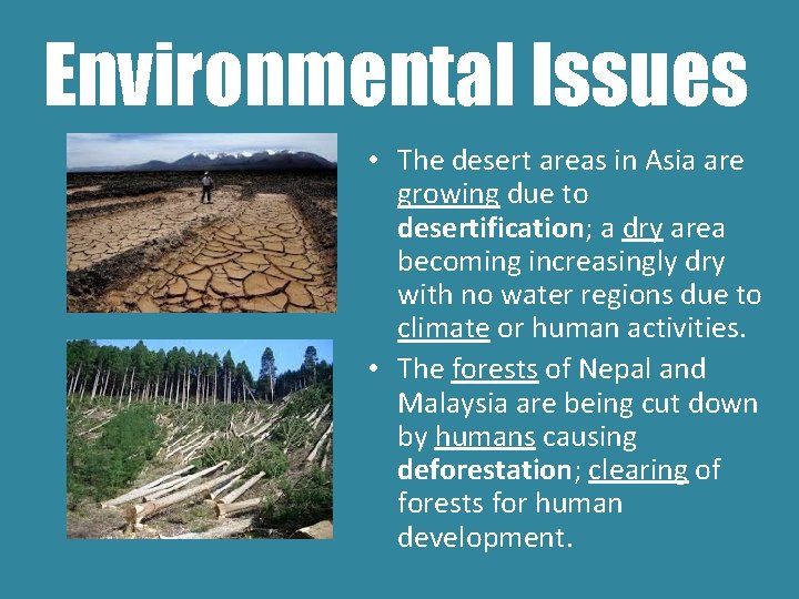 Environmental Issues • The desert areas in Asia are growing due to desertification; a