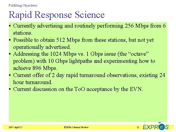Fulfilling Objectives Rapid Response Science • Currently advertising and routinely performing 256 Mbps from