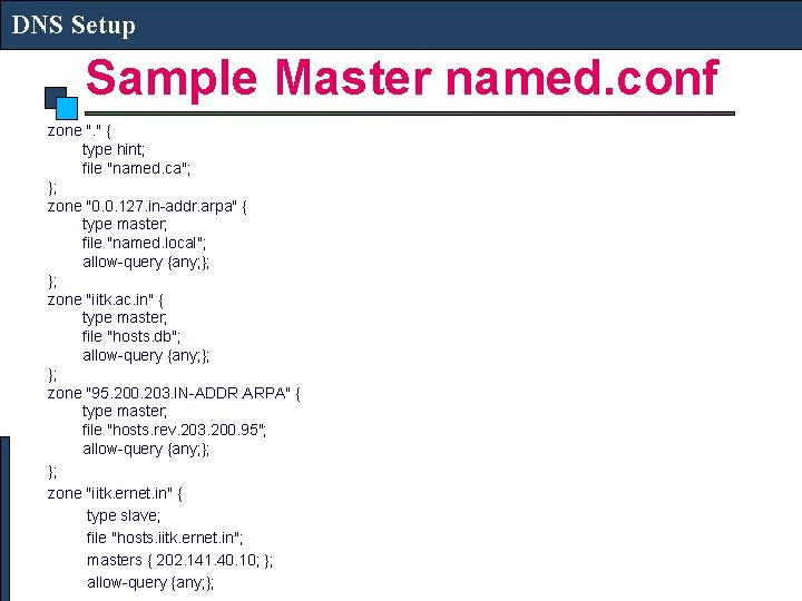 DNS Setup Sample Master named. conf zone ". " { type hint; file "named.