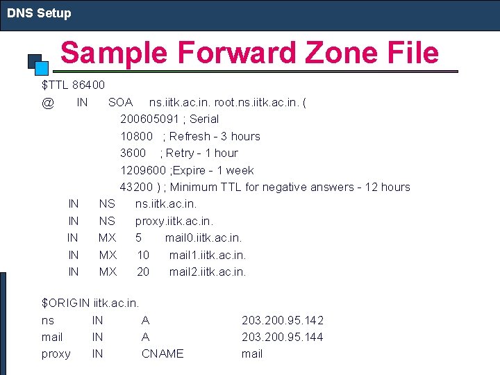 DNS Setup Sample Forward Zone File $TTL 86400 @ IN SOA ns. iitk. ac.