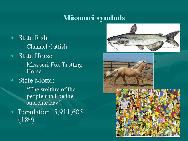 Missouri symbols • State Fish: – Channel Catfish • State Horse: – Missouri Fox