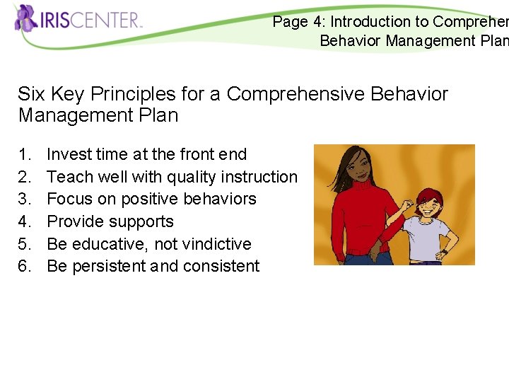 Page 4: Introduction to Comprehen Behavior Management Plan Six Key Principles for a Comprehensive