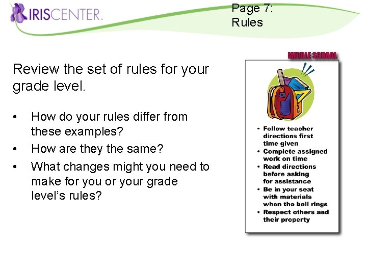 Page 7: Rules Review the set of rules for your grade level. • •