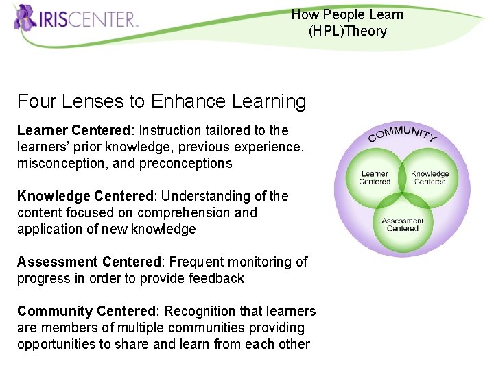 How People Learn (HPL)Theory Four Lenses to Enhance Learning Learner Centered: Instruction tailored to