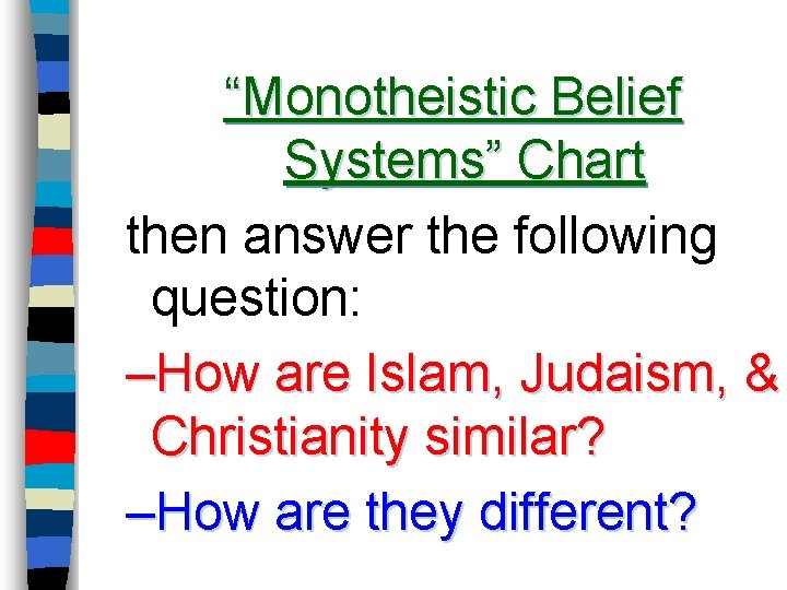“Monotheistic Belief Systems” Chart then answer the following question: –How are Islam, Judaism, &