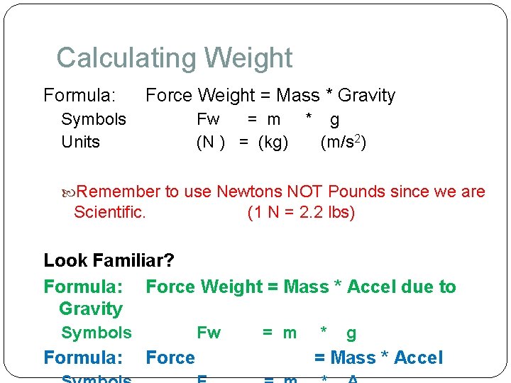 Calculating Weight Formula: Force Weight = Mass * Gravity Symbols Units Fw = m