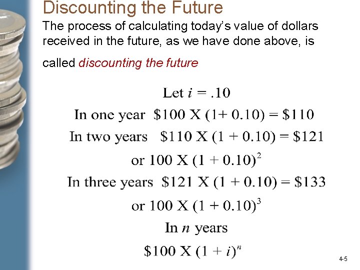 Discounting the Future The process of calculating today’s value of dollars received in the