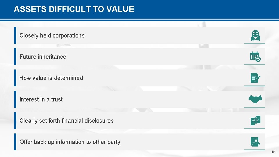 ASSETS DIFFICULT TO VALUE Closely held corporations Future inheritance How value is determined Interest