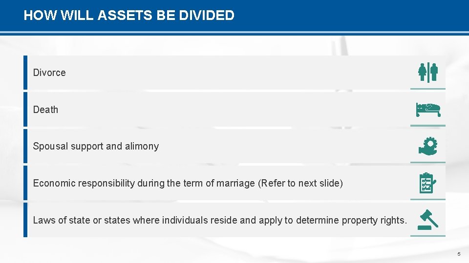 HOW WILL ASSETS BE DIVIDED Divorce Death Spousal support and alimony Economic responsibility during